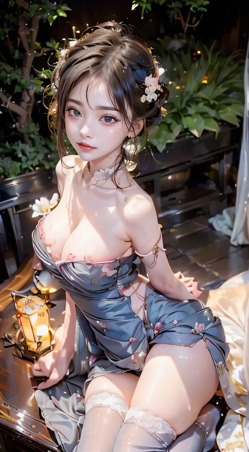(: 1.5), lace, ribbon, Hanfu, (masterpiece, side light, delicate and beautiful gray eyes: 1.2), masterpiece, realistic, glowing eyes, shiny hair, dark hair, long hair, shiny skin, solo, awkward, strapless, delicate, beautiful, garden, flowers, fluttering petals, (huge breast:1.2), sexy pose, lewd, naked, nsfw