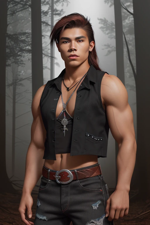 20-year-old Native American man, green eyes, reddish brown hair, sleeveless shirt, muscular build, black and red vest, black denim pants, wolf print on a forest background with fog, silver moon buckle, black belt