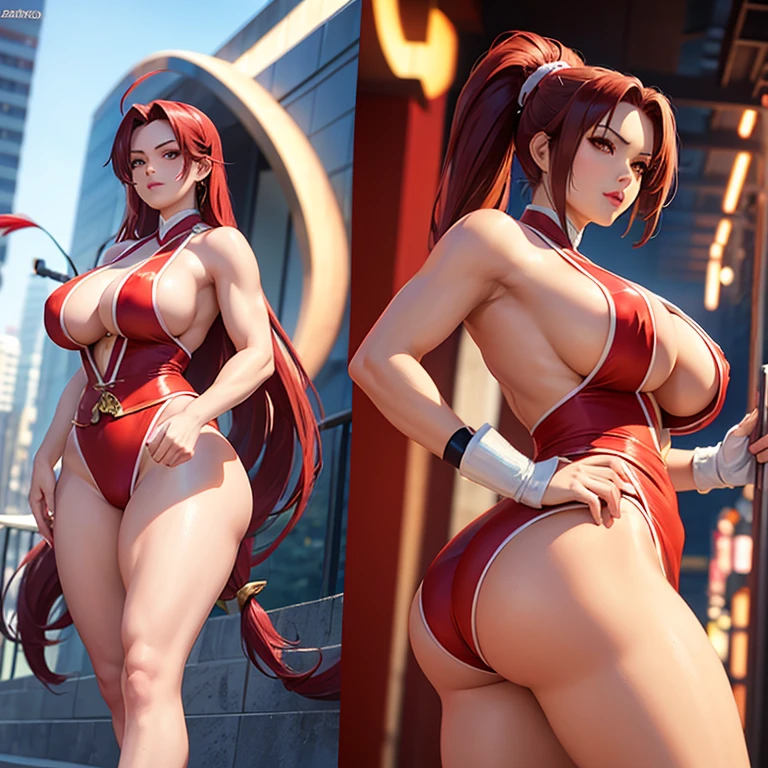 mai shiranui, snk character, classic custom, sexy, huge tits, thick body, strong thick legs, full body, perfect body, standing, red gipao,