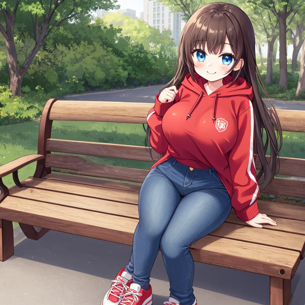 A Cute Girl, Long Dark-Brunette hair, Beautiful Blue eyes, extremely Busty, wide hips, and is very short. Wearing an old Red Hoodie, worn Dark-Blue Jeans, and Red Sneakers. Sitting alone on a wooden bench in a Park, in a big city. With a cute little smile, (Best Quality), (Best Resolution), (Perfect Lighting), (Perfect Shadows), (Perfect Texturing), (Solo), (Best Detail),