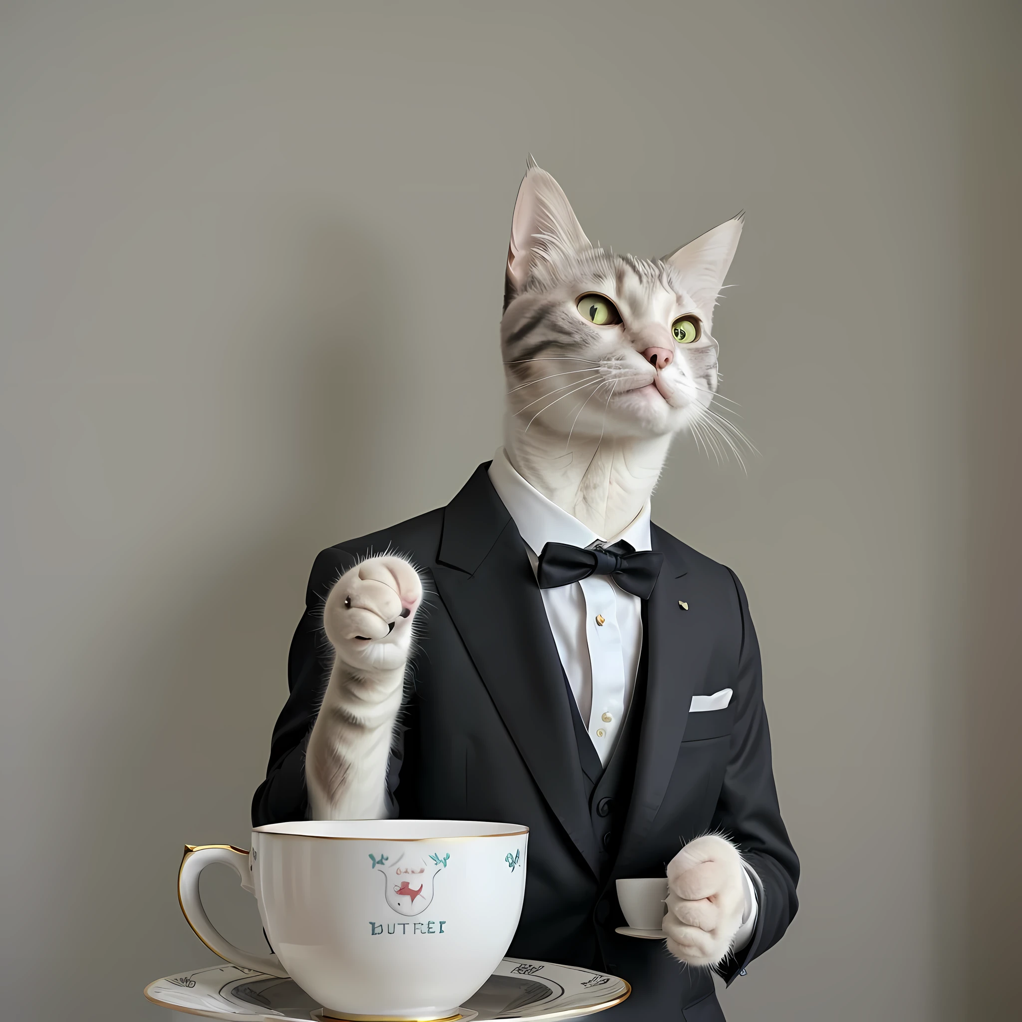 cat,Human form,cat paw hand,Put on a suit.,holding a teacup,butler,Look straight.