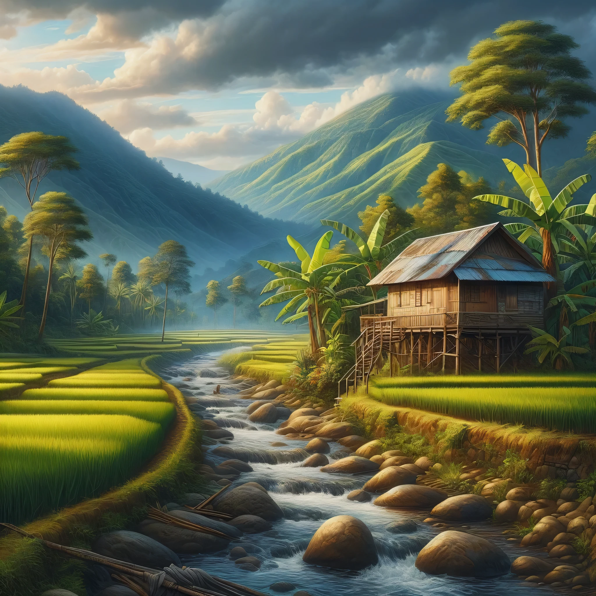 beautiful paintings of rice fields, rocky rivers, banana trees, coconut trees, wooden houses with tin roofs, with mountain backgrounds, fine art paintings, trending in the CG community, Sumatra, houses in the forest, son, tropical locations, cellphone wallpapers