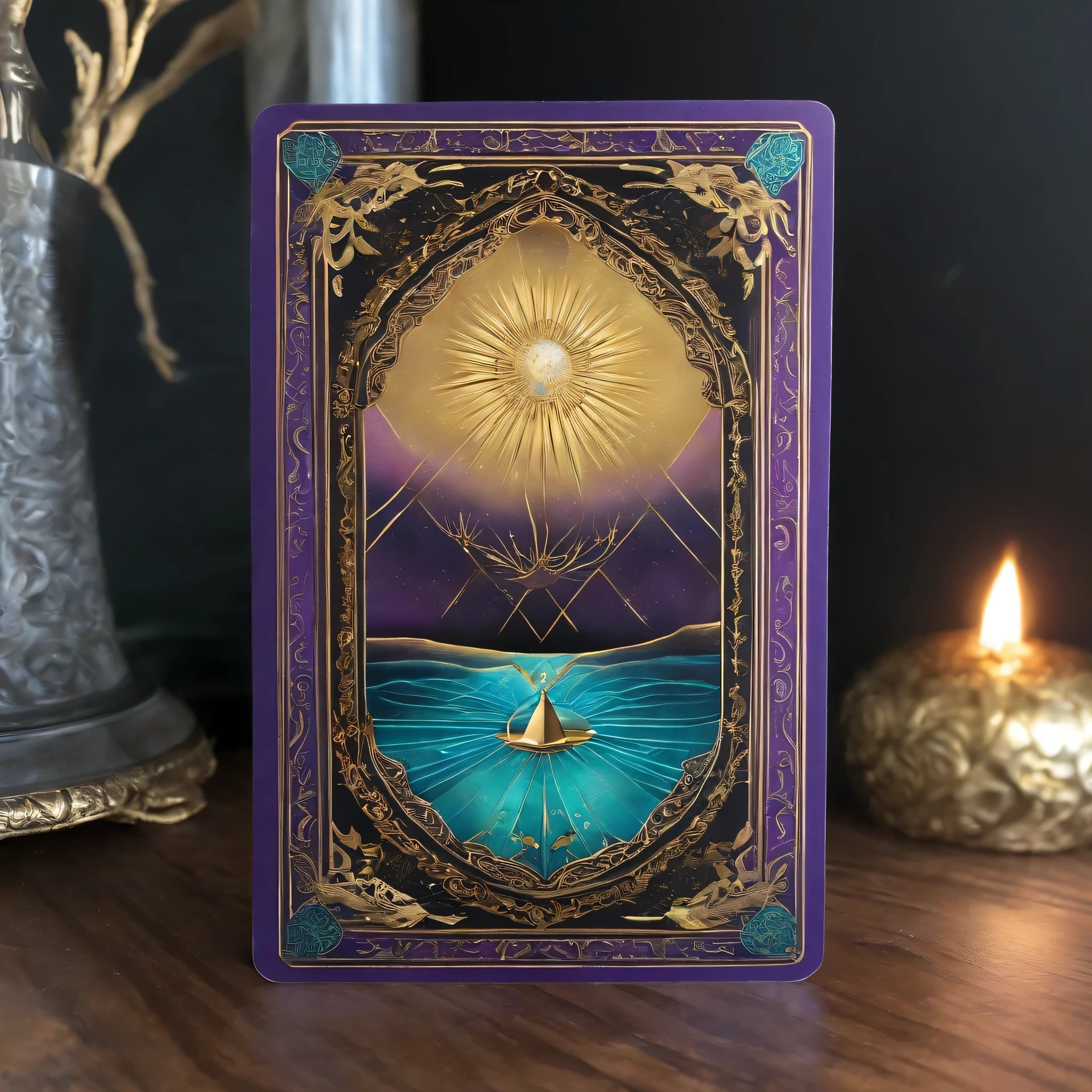 Tarot card with turquoise purple hues and shimmering gold edges 
