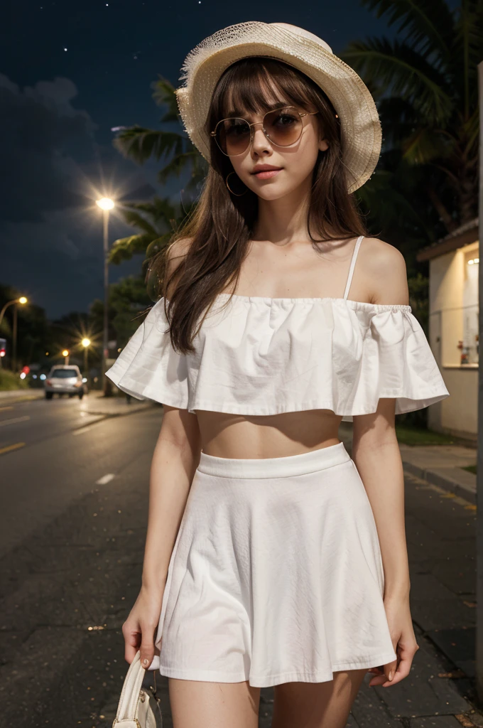 A cute girl, perfect face, beautifull 14 years old girl,14 years old girl, skinny body, slim body, white skin, masterpiece, textured skin, super detail, high details, high quality, 8k, nice pose, road night background, dark shadow, less light, nature light, side lighting to face, dress, wearing a white hat, detailed hat, wearing a sun glasses, wearing a mask, cute lips, small and cutest lips, at night, wearing a white shoes, bangs hair style, open top, small skirt, wearing a ears rings, little smlie, night time.
