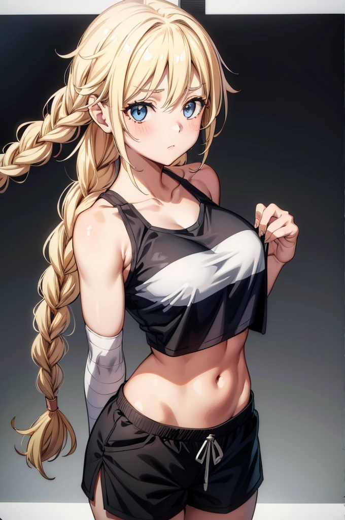 (((grayscale)))1girl, bandaged hand, bandages, black shorts, blush, breasts, closed mouth, crop top, gym shorts, hair ornament, long hair, medium breasts, midriff, navel, orange eyes, shorts, solo, sports bra, stomach, large breasts,Eiko Tsukimi, blue eyes, braid, twin braid, blonde hair,baseball cap, 