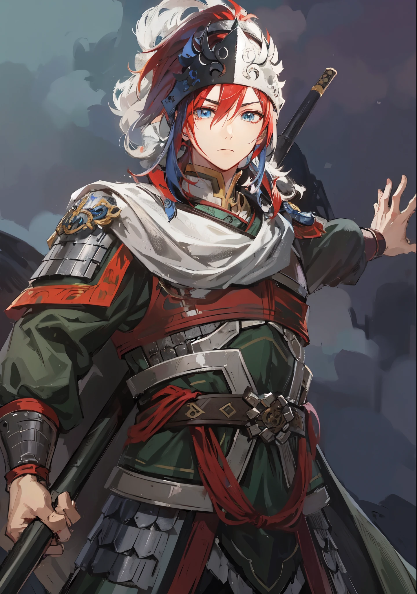 Anime character with red hair and blue eyes holding a spear, Nobutaka Ike, Beautiful androgynous prince, 《Genshin》Keqing, Inspired by Taketoshi Matsumura, Produced by Anime Painter Studio, confident expression,Mikuni志风格,Mikuni无双风格,Soma Yukihira,Zhao Yun,Ma Chao,Zhou Yu,Jiang Wei,Chinese style martial general,Mikuni,young general,Leadership temperament,Holding a spear,The eyes are sharp,Chinese spear in his right hand,The armor is red and white,Soma Yukihira,Naz