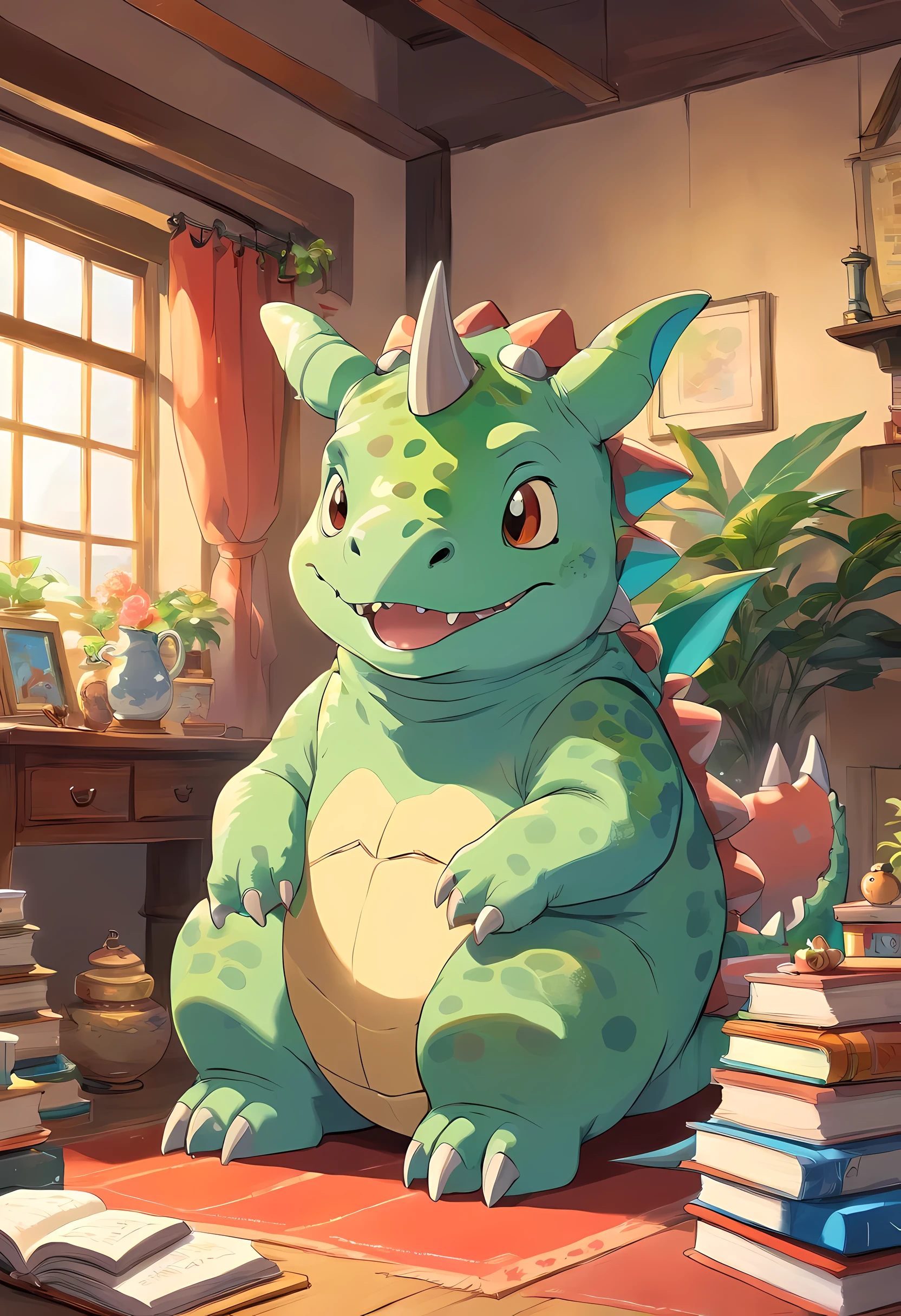 A delightful illustration of a lovable mythical Triceratops drawing in style of anime studio Ghibli,sitting in a cozy room. The Triceratops has a playful expression. It is surrounded by colorful toys and books, and there's a warm fireplace in the background. The overall ambiance of the image is charming and whimsical, with a sense of comfort and friendliness.