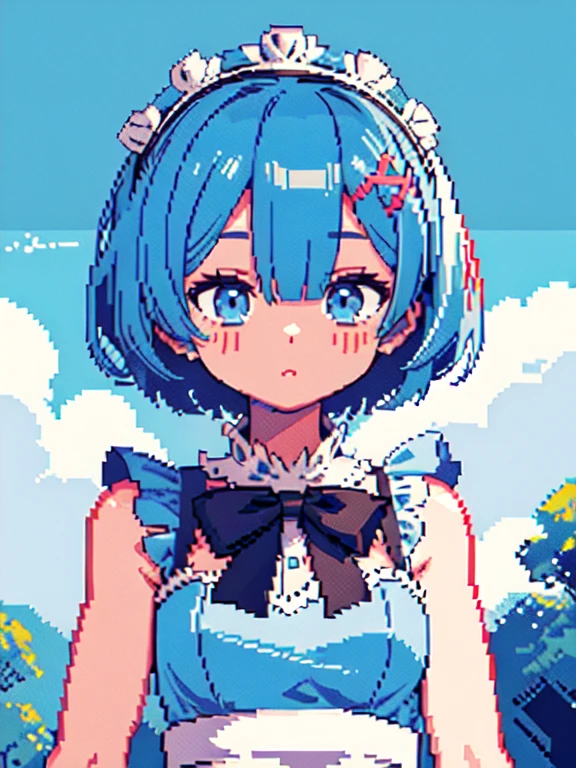 (pixel art:1.4),
Rem\(re zero kara hajrmeru isekai seikatsu\),Maid service, blue hair, short hair
(upper body),
blue sky, white cloud