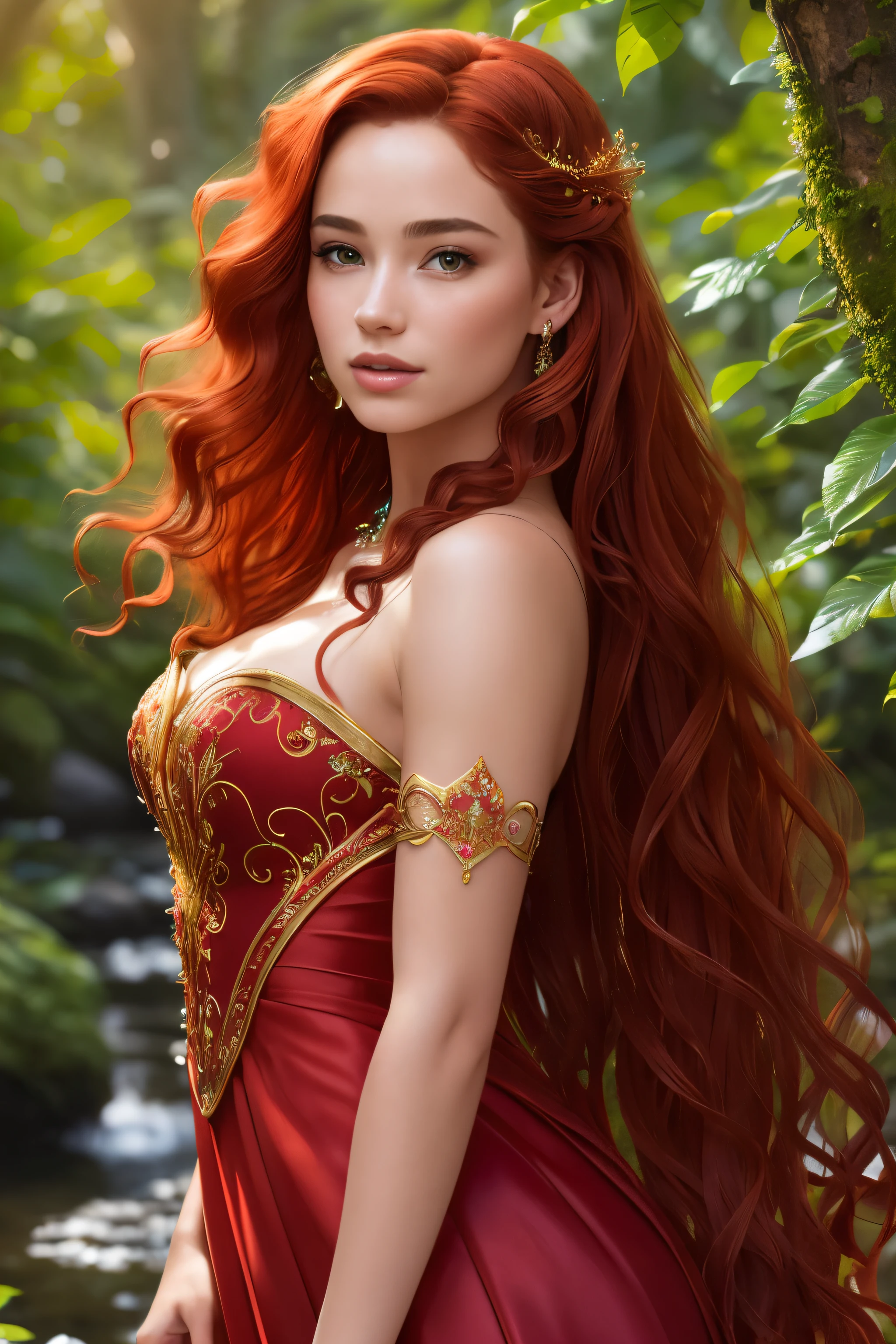 Beautiful fantasy princess, solo, (1.3), in a stunning red dress, (Detailed, intricately designed, flowy, fitted), ((Highly detailed facial features:1.2)), ((Realistic, beautifully textured skin)), ((Long, wavy, red hair:1.3)), hair accessory adorned with precious gems, ((Engaging pose:1.3)), ((Perfectly proportioned:1.1)), ((Magical, ethereal environment:1.37)), (surrounded by lush greenery and enchanted creatures), (BREAK), ((Photorealistic:1.3)), (Ultra-high resolution:1