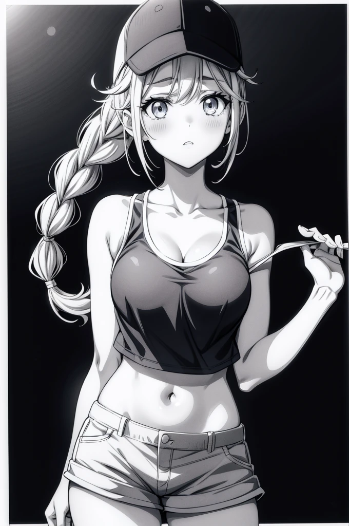 kawaii style drawing of woman with braided ponytail and basketball shorts anime, 1girl, twin braids, breasts, solo, hat, braid, long hair, shorts, navel, monochrome, sports bra, blue eyes, blush, looking at viewer, cleavage, collarbone, baseball cap, greyscale, short shorts, cowboy shot