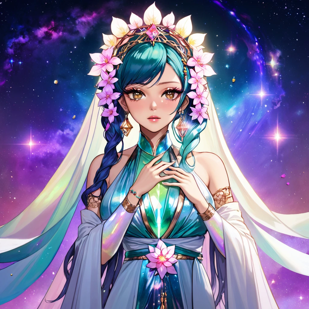 Yuna, Girl's Day, Haifa Wehbe, full body, nebula eyes, in iridescent greek robe, iridescent hair, prism, flower headdress, flowers in hair, long dress with train that trails elegantly behind, slender, wistful, crying eyes, veils, jewelry, elf ears, teary, wavy hair, dollish eyelashes, smoky eyes,