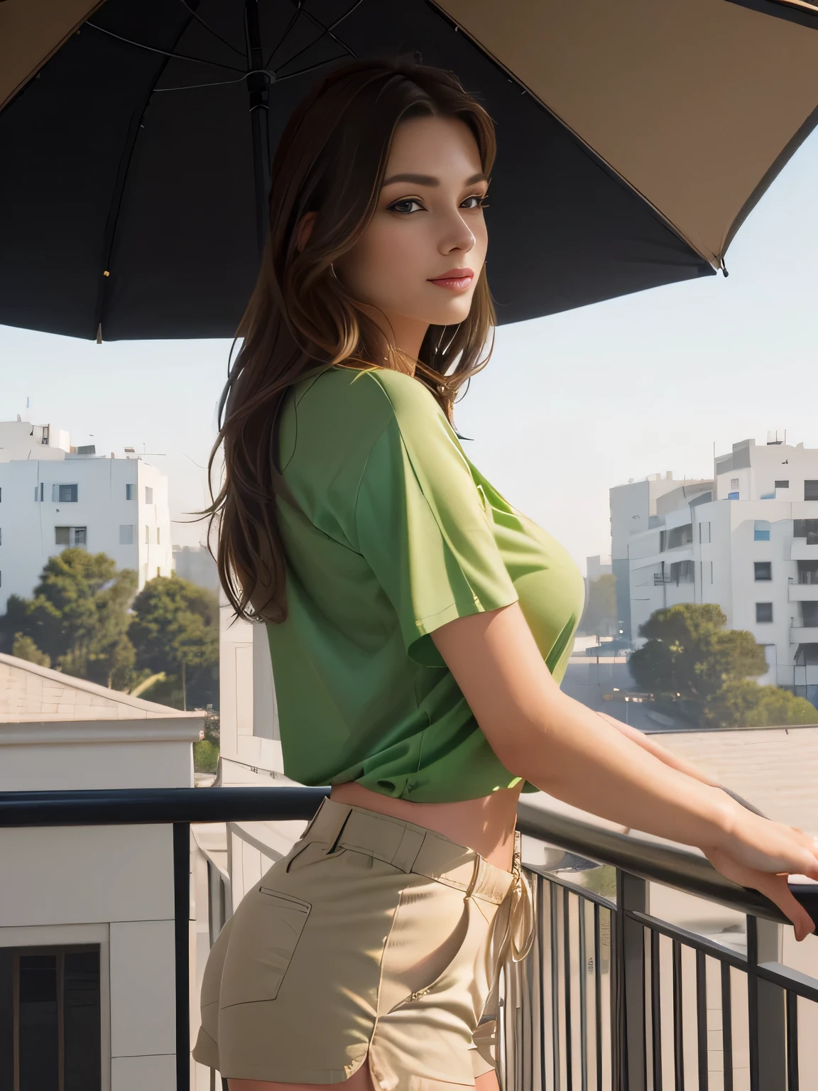 there is a woman standing on a balcony with a dog, wearing a green blouse and short beige shorts, from the side, side photo, side portrait, wearing a tight t-shirt, mid-rise raised, side photo, tight shirt, waist photo, from the outside, half body photo, half body photo, pillar, half body close up, looking from the side!, extremely sexy woman, sexy pose, 8K, NFSW. Masterpiece, best quality, (best quality), (8k CG unity wallpaper, realistic lighting, extremely detailed), (best quality), (best illustration), (best shadow), absurdities, realistic lighting, (Abyss ), beautiful detailed shine. Best quality, high resolution, Masterpiece: 1.3, High resolution (photographically realistic). She is around 35 years old, a woman in good physical condition.