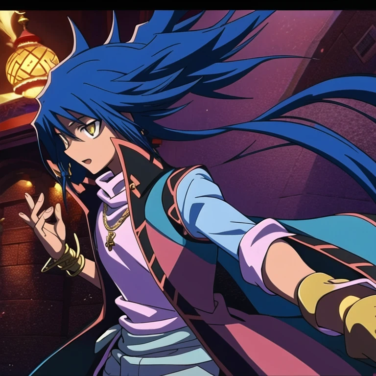 (masterpiece, best quality:1.2), 1boy, solo, Aigami, blue hair, anime, pants, jewelry, coat, long sleeves, braids, yellow eyes, magic background, brother and sister