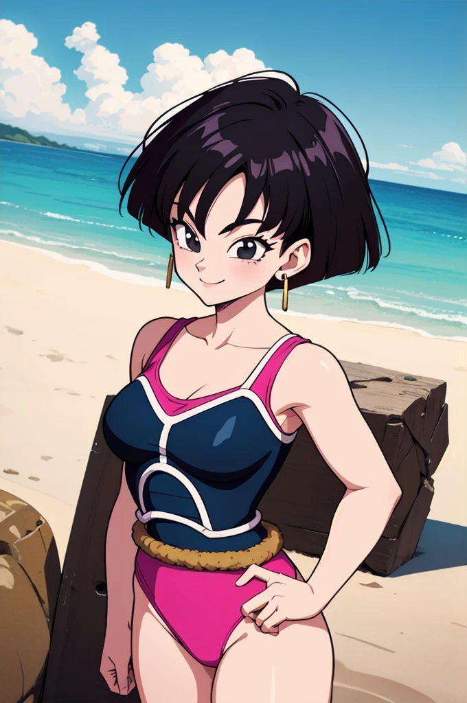 (masterpiece, best quality), fasha, 1 girl, solo, black eyes, black hair, short hair, spiked hair, earrings, saiyan armor, pink leotard, bare shoulders, standing up, beach background, blue skies, smiling, seductive, cowboy shot