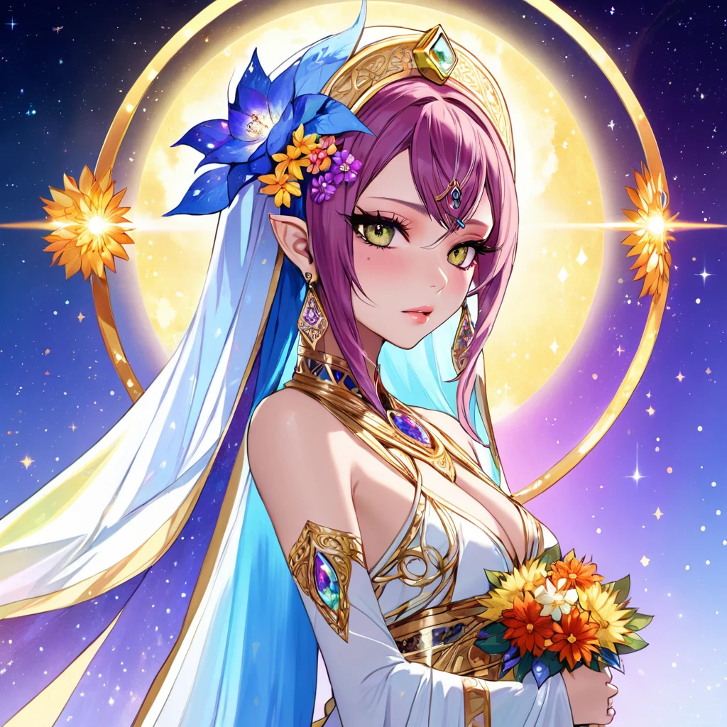 Yuna, Girl's Day, Haifa Wehbe, full body, high elf, nebula eyes, in iridescent greek robe, slender, wistful, crying eyes, veils, jewelry, prism, flower headdress, flowers in hair, long dress with train that trails elegantly behind, elf ears, teary, wavy hair, dollish eyelashes, smoky eyes,