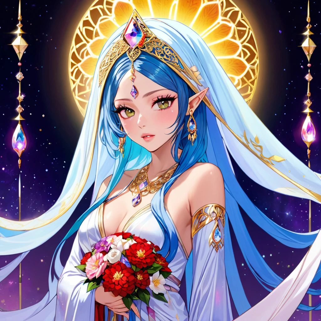 Yuna, Girl's Day, Haifa Wehbe, full body, high elf, nebula eyes, in iridescent greek robe, slender, wistful, crying eyes, veils, jewelry, prism, flower headdress, flowers in hair, long dress with train that trails elegantly behind, elf ears, teary, wavy hair, dollish eyelashes, smoky eyes,