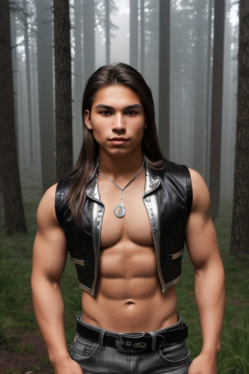 20-year-old Native American man, green eyes, light brown hair, sleeveless shirt, muscular build, black and silver vest, black jeans printed with grass in a forest background with fog, silver moon buckle, black belt