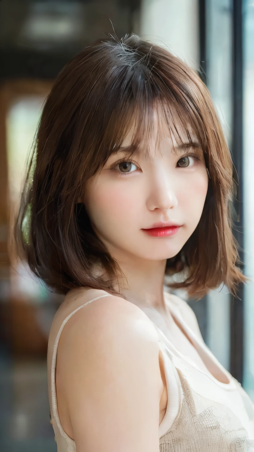 (masterpiece:1.5)、(realistic:1.5)、(highest quality:1.4、8K、RAW photo)、
ultra high resolution、professional lighting、perfect dynamic composition、indoors、
film grain、chromatic aberration、(Bokeh:1.1)、
Frank、Sophisticated、Charm、surreal、high detail、golden ratio、
(1 girl)、slender girl、delicate and charm girl、cute woman:1.4、
serious expression、looking at the viewer、
light brown hair、shining hair、Random cute hairstyles、
clear and beautiful skin、skin that looks real、
close your mouth、natural color lip、fine eyes、double eyelid、thin arms、
(wearing a tank top)