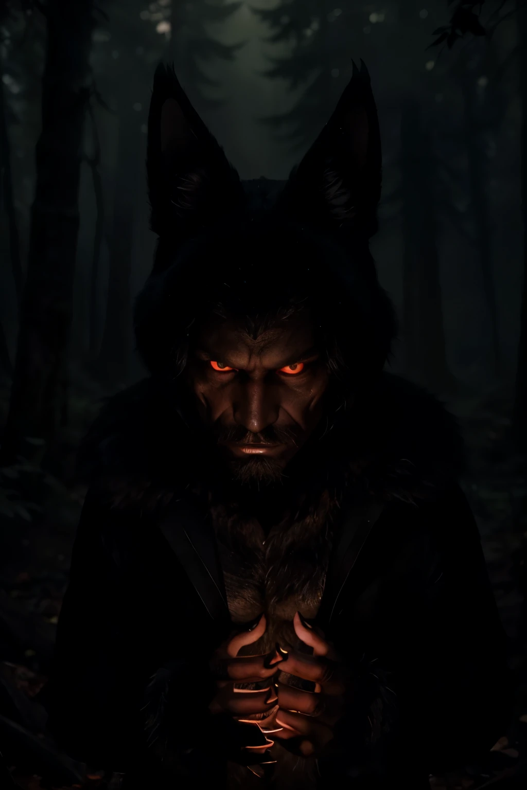 In the depths of the dark forest lurks a Lobisomem, his appearance both striking and frightening. With an age-old look, his woolly black fur blends seamlessly with the shadows. His large, intimidating teeth gleam in the dim light, casting long shadows on the forest floor. His eyes, fiery red and piercing, seem to penetrate the very soul. The tips of his fingers transform into menacing claws, each one tipped with razor-sharp nails. His silhouette is adorned with a somber, pitch-black body, his presence enough to send chills down anyone's spine.