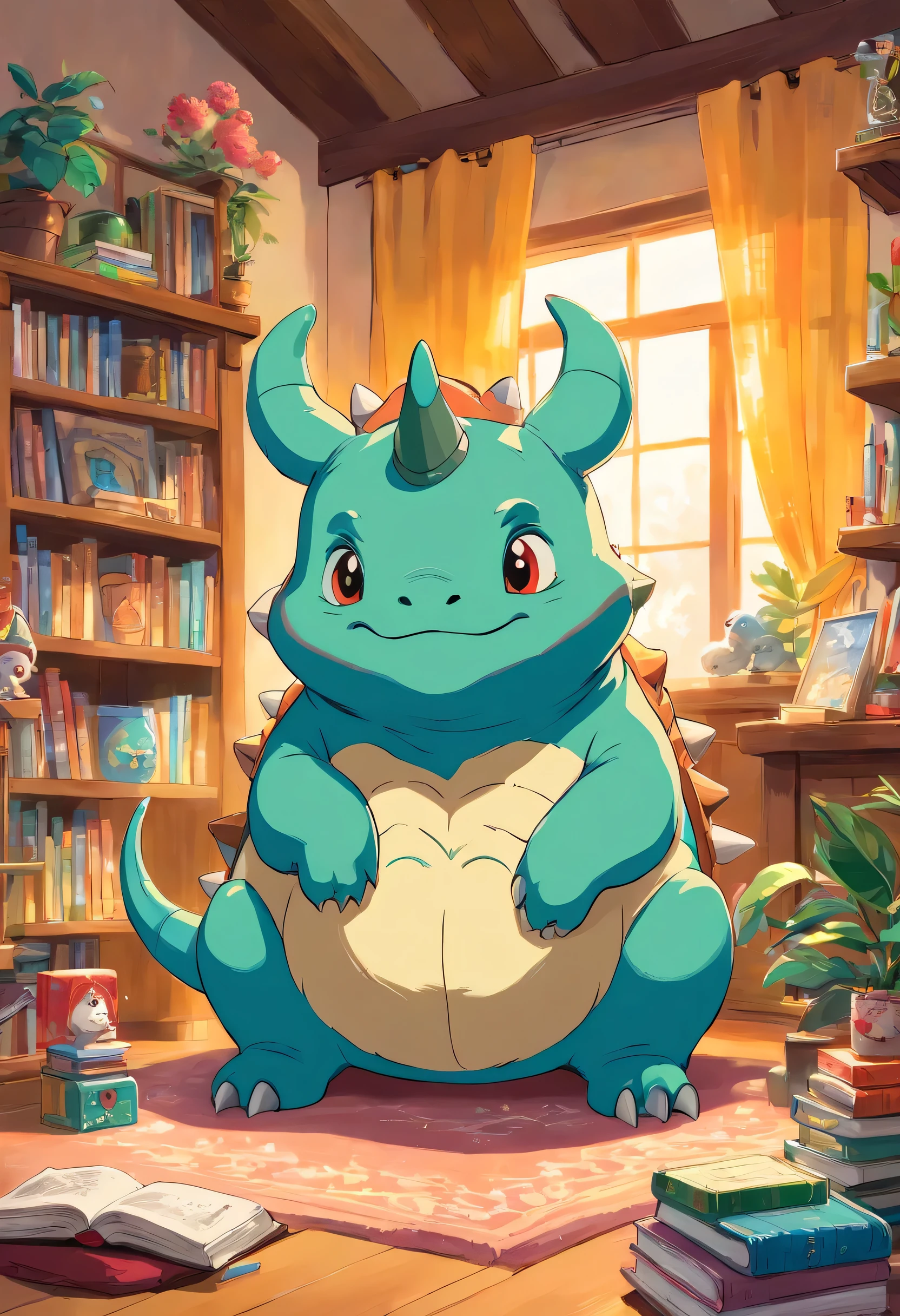 A delightful illustration of a lovable mythical Triceratops drawing in style of anime studio Ghibli,sitting in a cozy room. The Triceratops has a playful expression. It is surrounded by colorful toys and books, and there's a warm fireplace in the background. The overall ambiance of the image is charming and whimsical, with a sense of comfort and friendliness.
