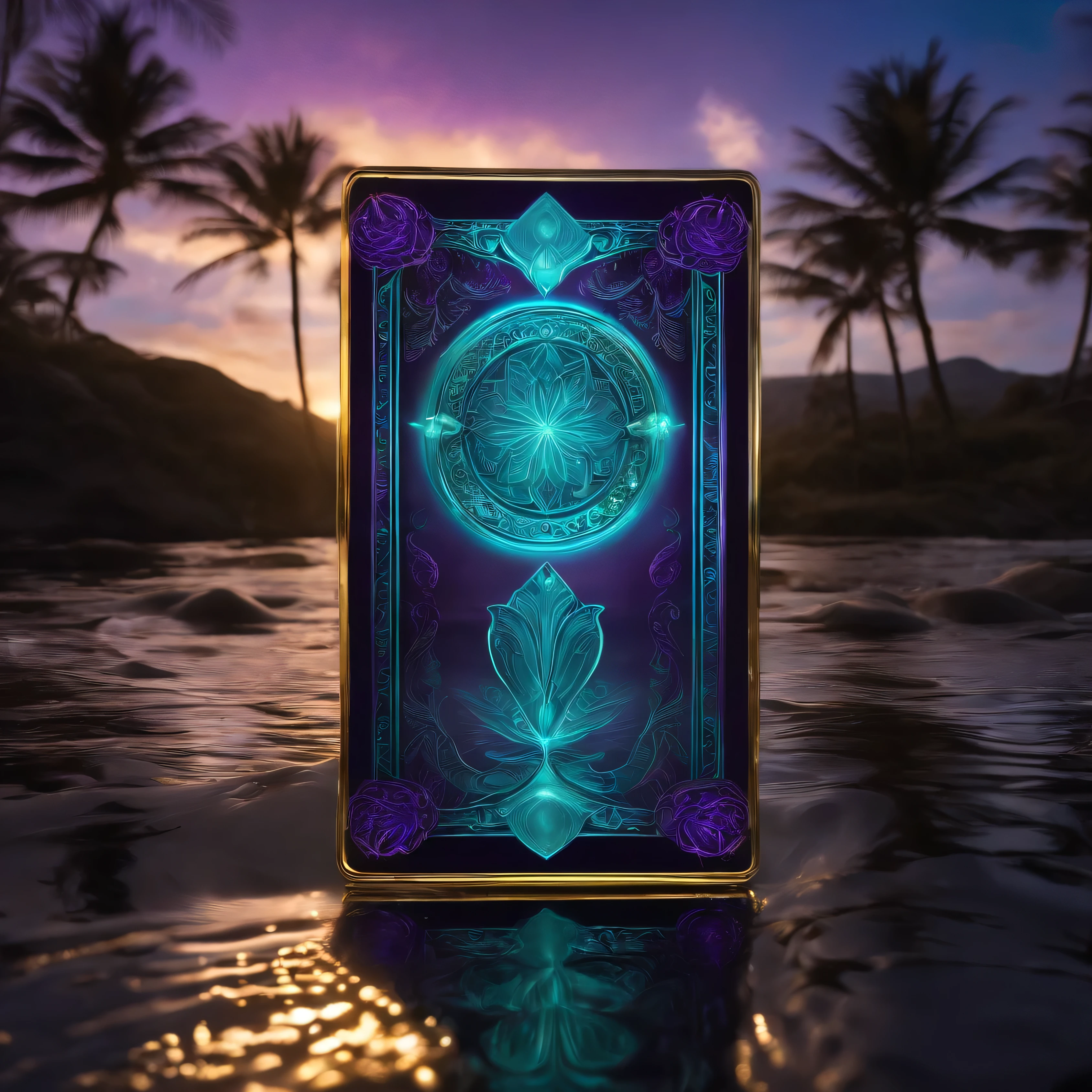 Tarot card with turquoise purple hues and shimmering gold edges
Magical enchanted energy
Ultra realistic high definition high resolution
Luminous neon tendencies
Transparent glass affect