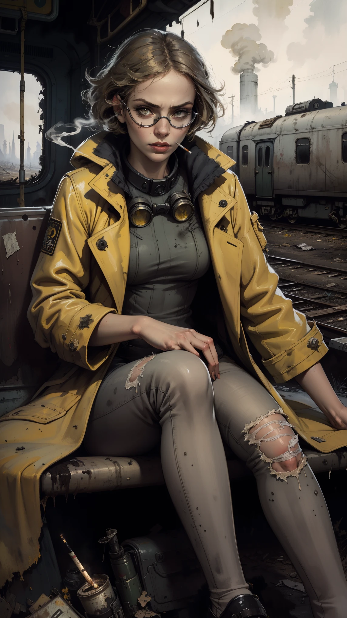 masterpiece, best quality, 1girl, (closeup), engineer, slim, (yelow coat, goggles), sitting, (smoking cigarette), serious, dirty face, wasteland, abandoned train station, industrial ruins, grey, desolate, dark, watercolor, sketch