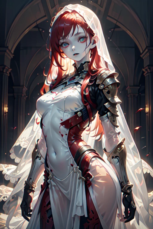 ghost, 1girl, (Translucent pale skin:1.6), No humans, armor two piece suit, red hair, partial fused exoskeleton, Beautiful eyes with fine symmetry, (Intricate details:1.4), (Highly detailed face and eyes:1.2), slim figure, posing for a photo, blood, castle, anime, fantasy, detailed background, 2D, (Highly detailed), (high resolution), (Best quality), (masterpiece)
