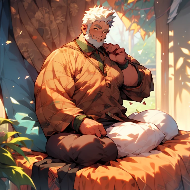 A fat middle-aged man is looking at the viewer and holding his crotch, use uma cueca box branca, cabelo preto curto, (obesidade: 0.7), 50 anos, Nerd, shy, (((sentado na cama, pernas abertas))), em um pequeno quarto privado empoeirado, copos, cabelo fino casual, Thick neck and round face with a lot of fat, suando, Sozinho, Asian, sentido muito prazer. sem roupa, nu.