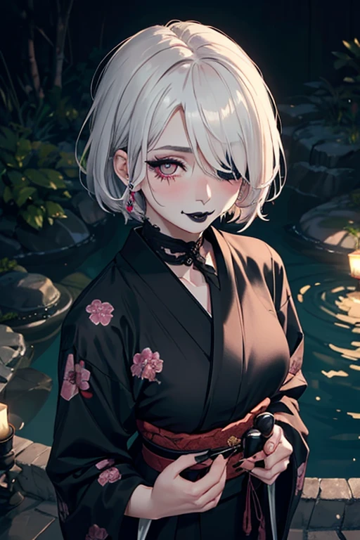 1girl, solo, detailed face, detailed eyes, reddish pink eyes, white hair, shining short hair, (hair over one eye:1.3), blush, subtle smile, (black eyeliner, black mascara, black lipstick:1.3), large firm breasts, jewelry, black floral kimono with a scarf wrapped around the neck, blush, subtle light smile, atmospheric, light flares, intricate details, cinematic lighting, japanese garden scenery, from above, looking at the viewer