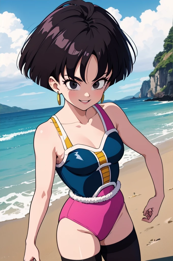 (masterpiece, best quality), fasha, 1 girl, solo, black eyes, black hair, short hair, spiked hair, earrings, saiyan armor, pink leotard, black pantyhose, bare shoulders, standing up, beach background, blue skies, smiling, seductive, cowboy shot