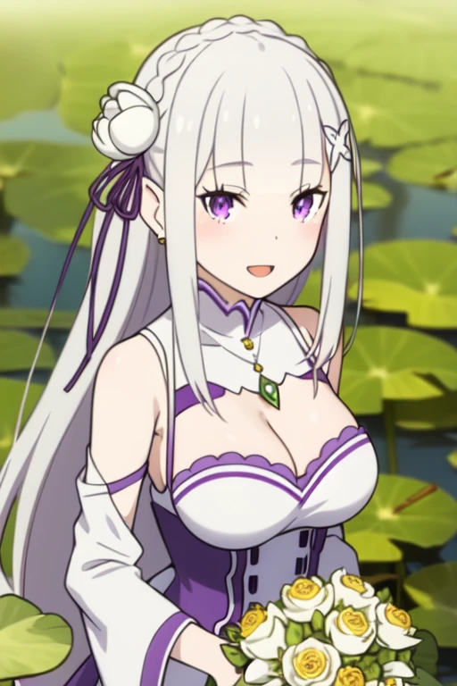 Emilia 
masterpiece, best quality,
1girl, :d, bangs, bare_shoulders, blush, bouquet, braid, breasts, cleavage, daisy, earrings, emilia_\(re:zero\), eyebrows_visible_through_hair, floral_background, flower, hair_flower, hair_ornament, holding, holding_bouquet, holding_flower, jewelry, lily_\(flower\), lily_pad, long_hair, looking_at_viewer, lotus, medium_breasts, necklace, open_mouth, pendant, purple_eyes, ribbon, silver_hair, single_braid, smile, solo, tulip, upper_body, white_flower, white_rose