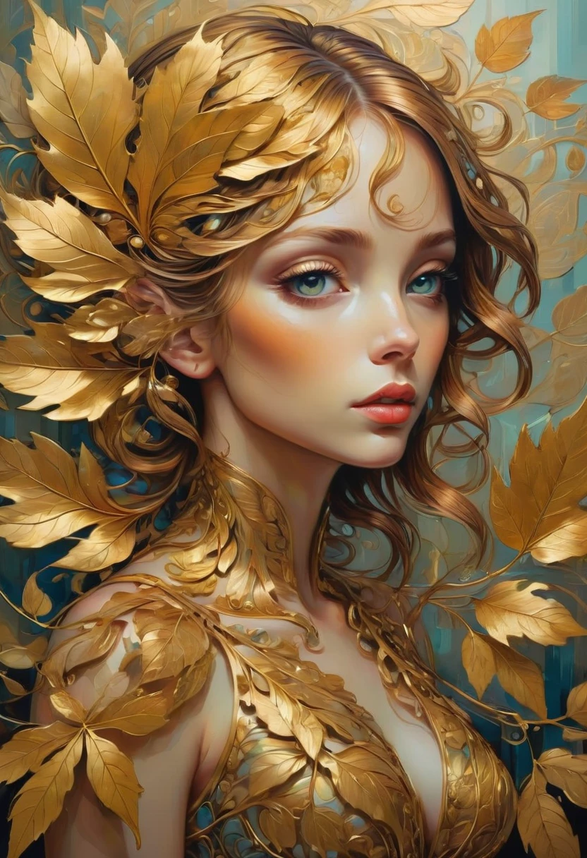 Gold Leaf Art, by lois van baarle, best quality, masterpiece, very aesthetic, perfect composition, intricate details, ultra-detailed