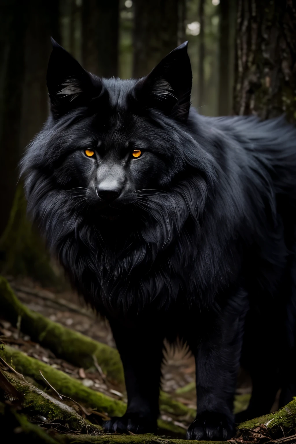 In the depths of the dark forest, a fearsome Lobisomem stands solo, his appearance both captivating and alarming. His long, black fur is ruffled by the wind, revealing his ominous red eyes that glint in the dim light. His teeth are large and sharp, bared menacingly, and his claws are long and gnarled, ready to strike. The Lobisomem's fur is as black as the darkest night, and his eyes seem to pierce through the shadows around him. His overall appearance is assustador and mesmerizing, leaving one both frightened and intrigued. The forest air is thick with the scent of damp earth and the