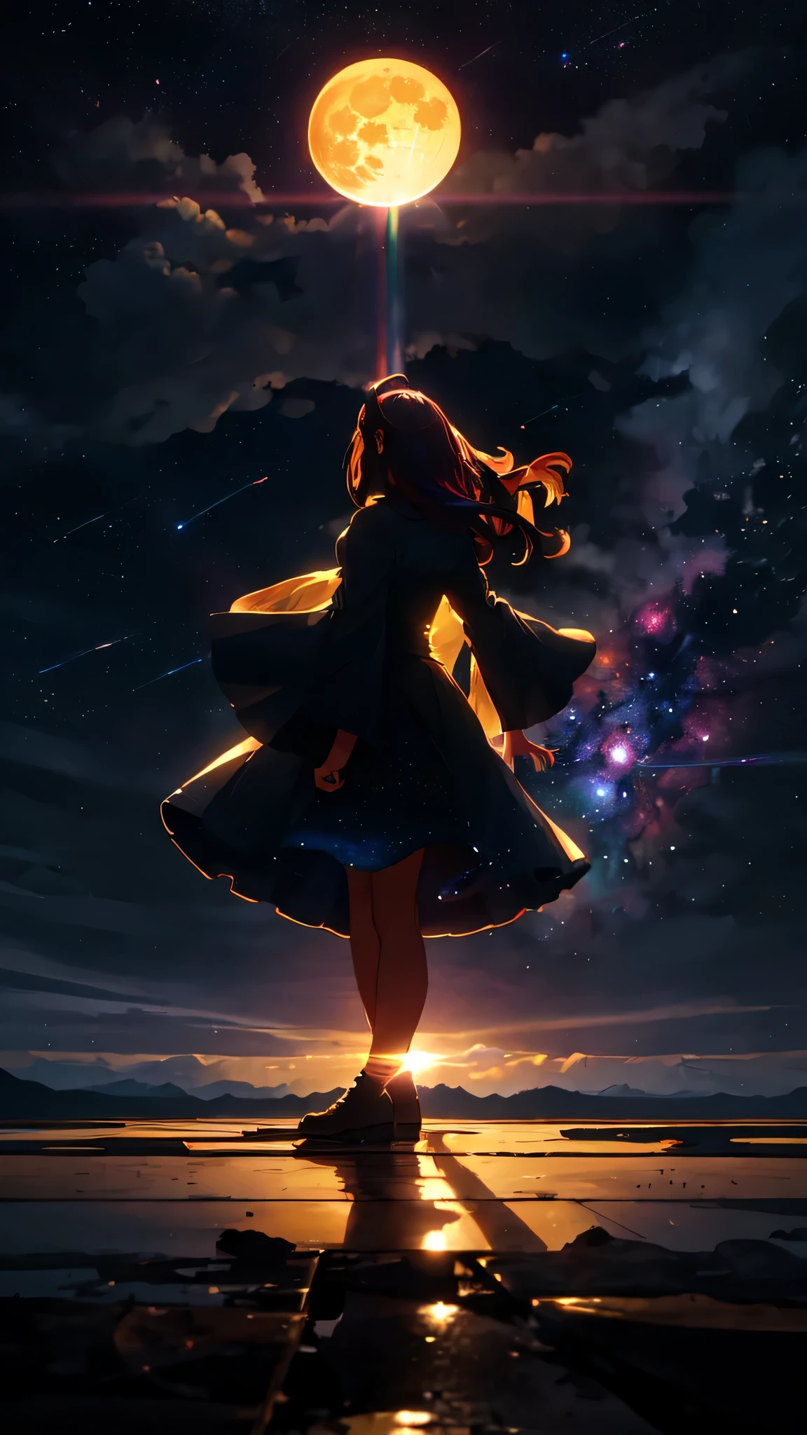 wide々landscape photography , (A view from below showing the sky above and open fields below), ((Girl standing by lake with hands raised)), (yellow full moon:1.1), ( shooting star:0.9), (nebula:1.3), distant mountain, Tree BREAK production art, (warm light source:1.2), (silhouette:1.2), ((My hair flutters in the wind)), intricate details, volume lighting, Realism BREAK
(masterpiece:1.2), (highest quality), 4k, Super detailed, (dynamic composition:1.4), very detailed, colorful details,( rainbow colors:1.2), (Shining Lights, atmosphere lighting), dream-like, Magic, (alone:1.2)