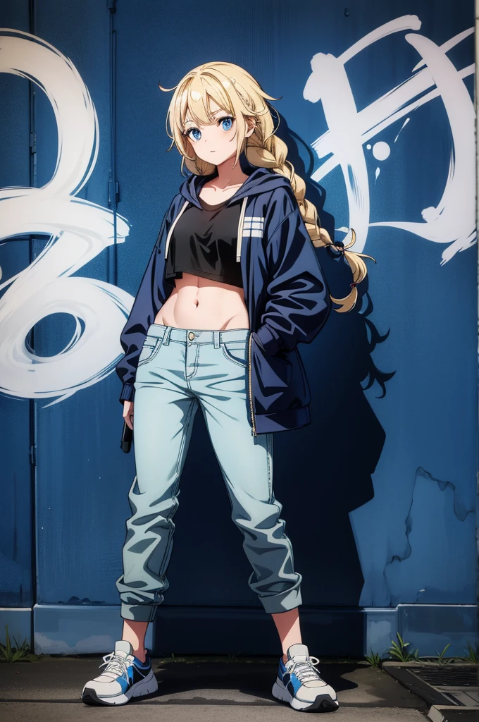 the girl is wearing blue pants and a black jacket with a light blue top, 1girl, solo, blonde hair, graffiti, braid, blue eyes, long hair, shoes, looking at viewer, hood, full body, sneakers, looking back, twin braids, standing, black footwear, hood down