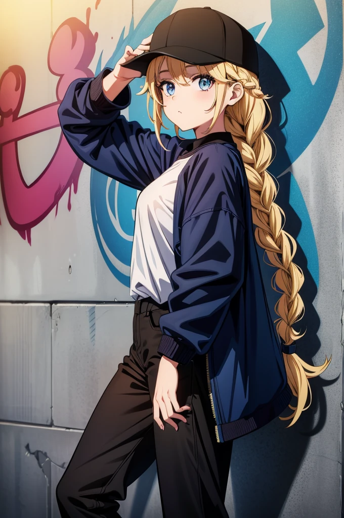 the cartoon is a female with large hair standing against a wall with graffiti on it, 1girl, solo, blonde hair, twin braids, blue eyes, hat, braid, long hair, jacket, shirt, looking at viewer, pants, white shirt, black headwear, baseball cap, shirt tucked in, black pants
