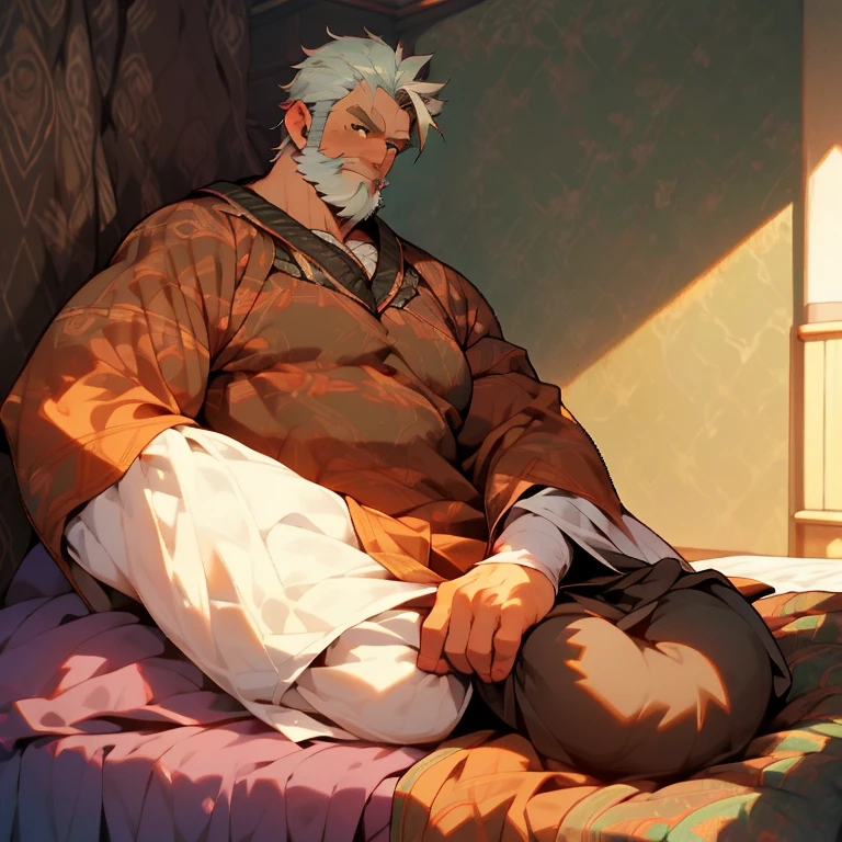 A fat middle-aged man is looking at the viewer and holding his crotch, use uma cueca box branca, cabelo preto curto, (obesidade: 0.7), 50 anos, Nerd, shy, (((sentado na cama, pernas abertas))), em um pequeno quarto privado empoeirado, copos, cabelo fino casual, Thick neck and round face with a lot of fat, suando, Sozinho, Asian, sentido muito prazer. sem roupa, nu.
