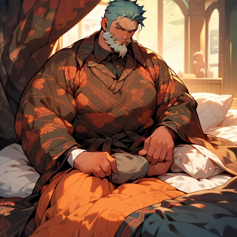 A fat middle-aged man is looking at the viewer and holding his crotch, use uma cueca box branca, cabelo preto curto, (obesidade: 0.7), 50 anos, Nerd, shy, (((sentado na cama, pernas abertas))), em um pequeno quarto privado empoeirado, copos, cabelo fino casual, Thick neck and round face with a lot of fat, suando, Sozinho, Asian, sentido muito prazer. sem roupa, nu.