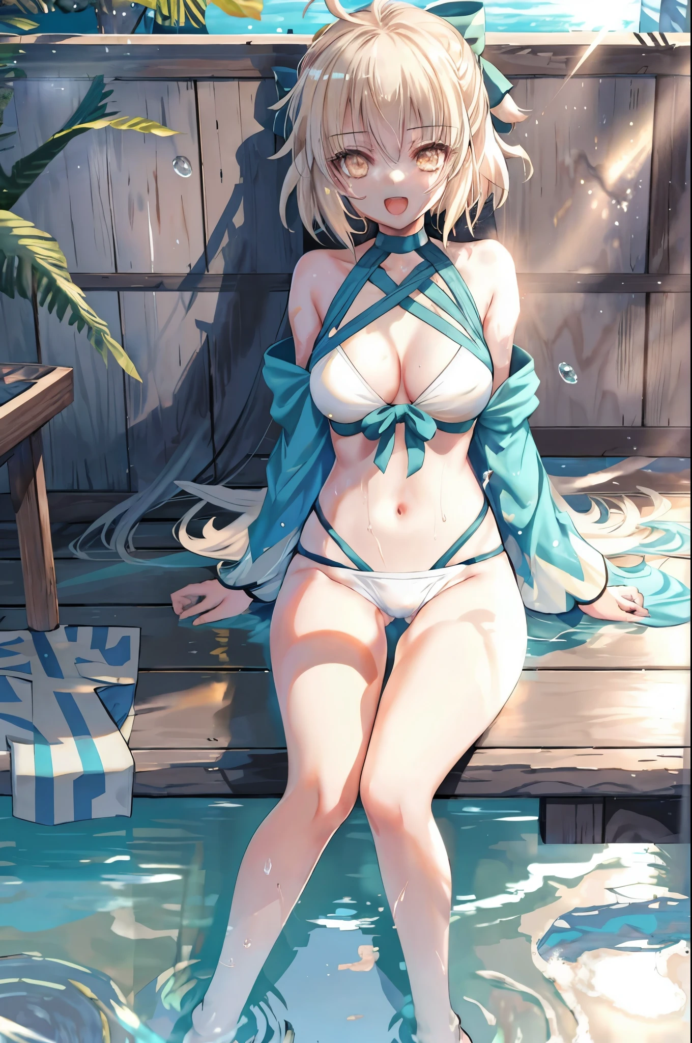 masterpiece, best quality,extremely detailed CG unity 8k wallpaper,
1girl,okita souji \(fate\), swimsuit,bikini,
 smile,open_mouth,sitting,sunlight,splash_of_water,happy,gold_eyes,half_eyes,apart_legs,rising_knee,open_legs,covered_pussy,