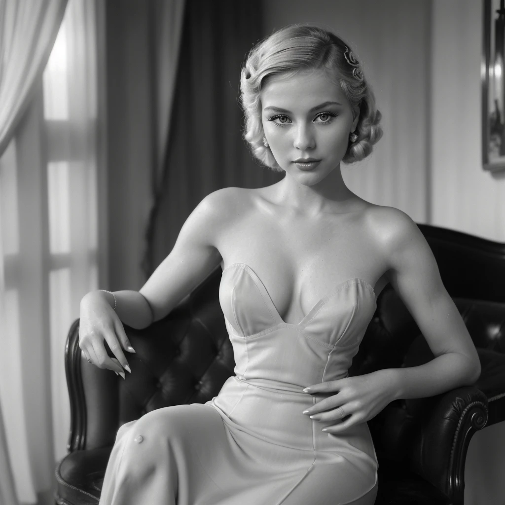 a beautiful, perfect blonde woman in a gorgeous dress, (black and white image from the 1920s), (60s image), (best quality, high-res, masterpiece:1.2), ultra-detailed, realistic: 1.37, glamorous vintage portrait, elegant fashion, retro aesthetic, artistic lighting, vintage film grain, timeless beauty, classic allure, monochrome charm, sophisticated style, flawless makeup, stylish hairdo, iconic fashion icon, mesmerizing gaze, retro elegance, vintage glamour, refined beauty, timeless elegance, cinematic composition, graceful posture, classic black and white, old Hollywood glamour, elegant and poised, vintage chic, nostalgic charm.