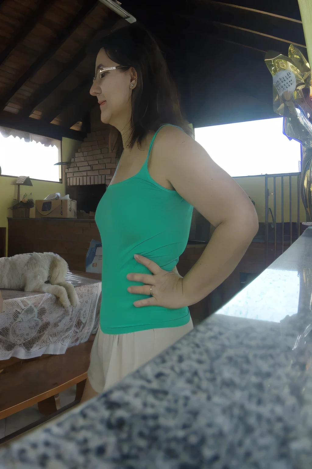 there is a woman standing on a balcony with a dog, wearing a green blouse and short beige shorts, ??????? protruding from the side, side photo, side portrait, wearing a tight t-shirt, mid-rise raised, side photo, tight shirt, waist photo, from outside , half body photo, half body photo, pillar, half body close up, looking from the side!, extremely ???? woman, ???? pose, 8K, NFSW. Masterpiece, best quality, (best quality), (8k CG unity wallpaper, realistic lighting, extremely detailed), (best quality), (best illustration), (best shadow), absurdities, realistic lighting, (Abyss ), beautiful detailed shine. Best quality, high resolution, Masterpiece: 1.3, High resolution (photographically realistic). She is around 35 years old, a woman in good physical condition.