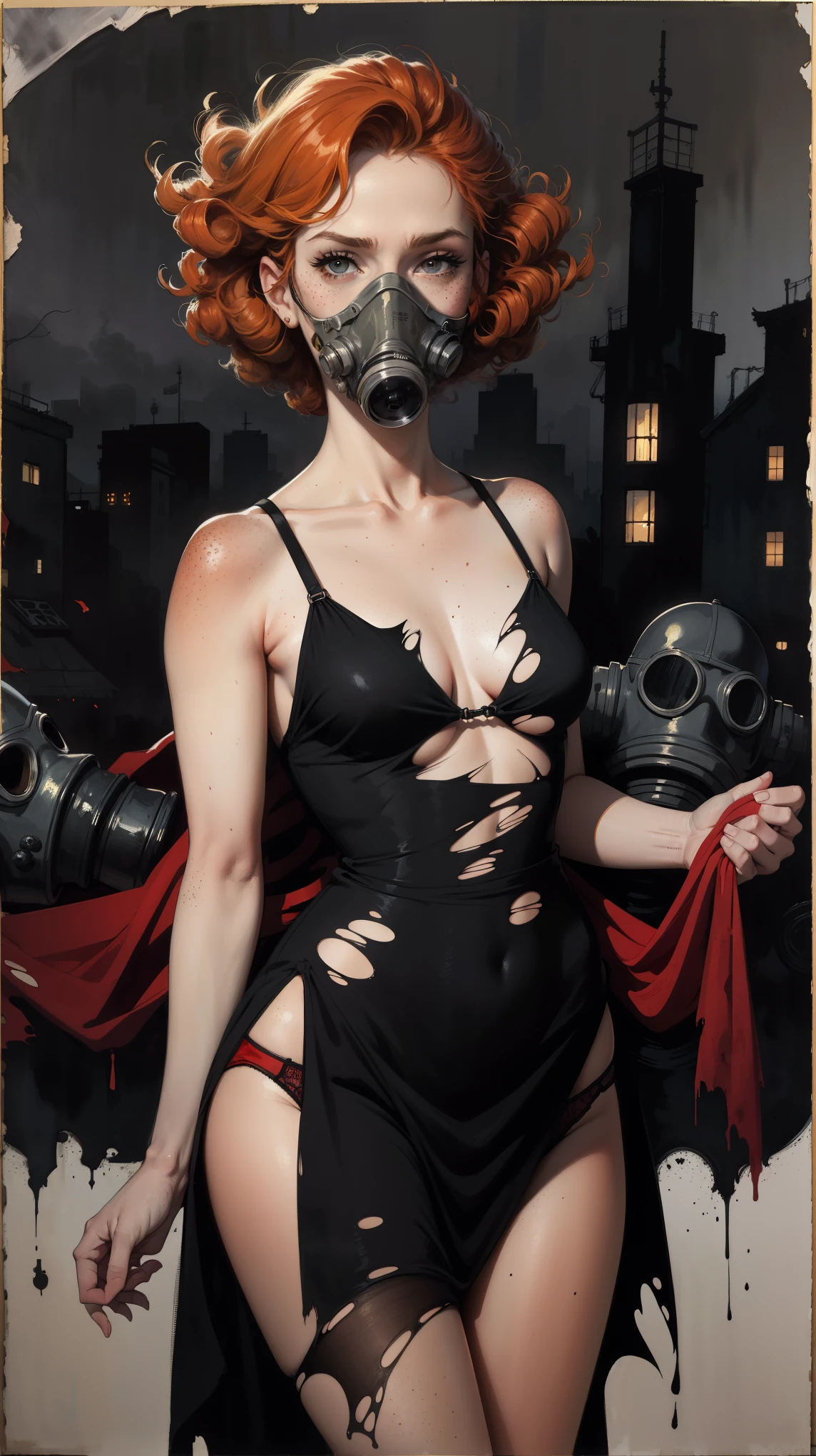 (masterpiece:1.2, best quality), 1girl, 18yo, curly ginger hair, freckles, wearing gas mask, torn black dress, red panties, noir, dark desolate city, anime minimalist, watercolor