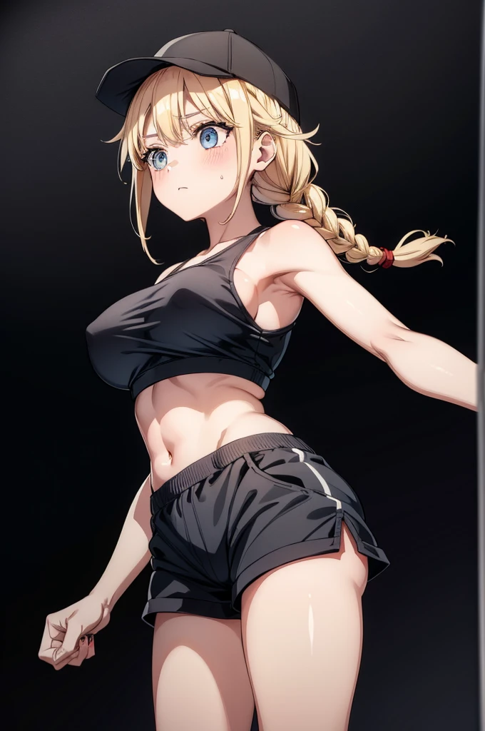 (((grayscale)))1girl, bandaged hand, bandages, black shorts, blush, breasts, closed mouth, crop top, gym shorts, hair ornament, long hair, medium breasts, midriff, navel, orange eyes, shorts, solo, sports bra, stomach, large breasts,Eiko Tsukimi, blue eyes, braid, twin braid, blonde hair,baseball cap, 