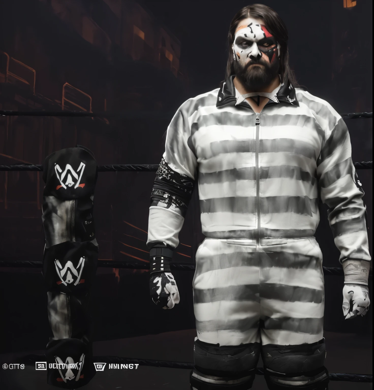 masterpiece, best quality, skull face paint, angry male wrestler in jail jumpsuit with a collar and zipper with black elbow and knee pads dirty wrist tape long black dirty hair  and beard and white and black skull face paint, face paint (extremely detailed CG unity 8k wallpaper), (best quality), (best illustration), (best shadow), absurdres, realistic lighting, , best quality, ultra high res