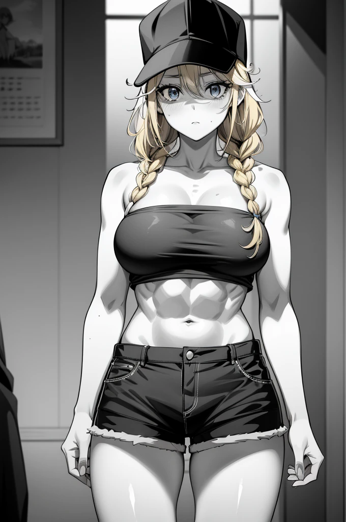 a very sexy female adult figure wearing a baseball cap with an open shirt, 1girl, solo, shorts, navel, breasts, hat, twin braids, braid, sports bra, baseball cap, blush, monochrome, looking at viewer, ewer, long hair, collarbone, midriff, short shorts, dolphin shorts