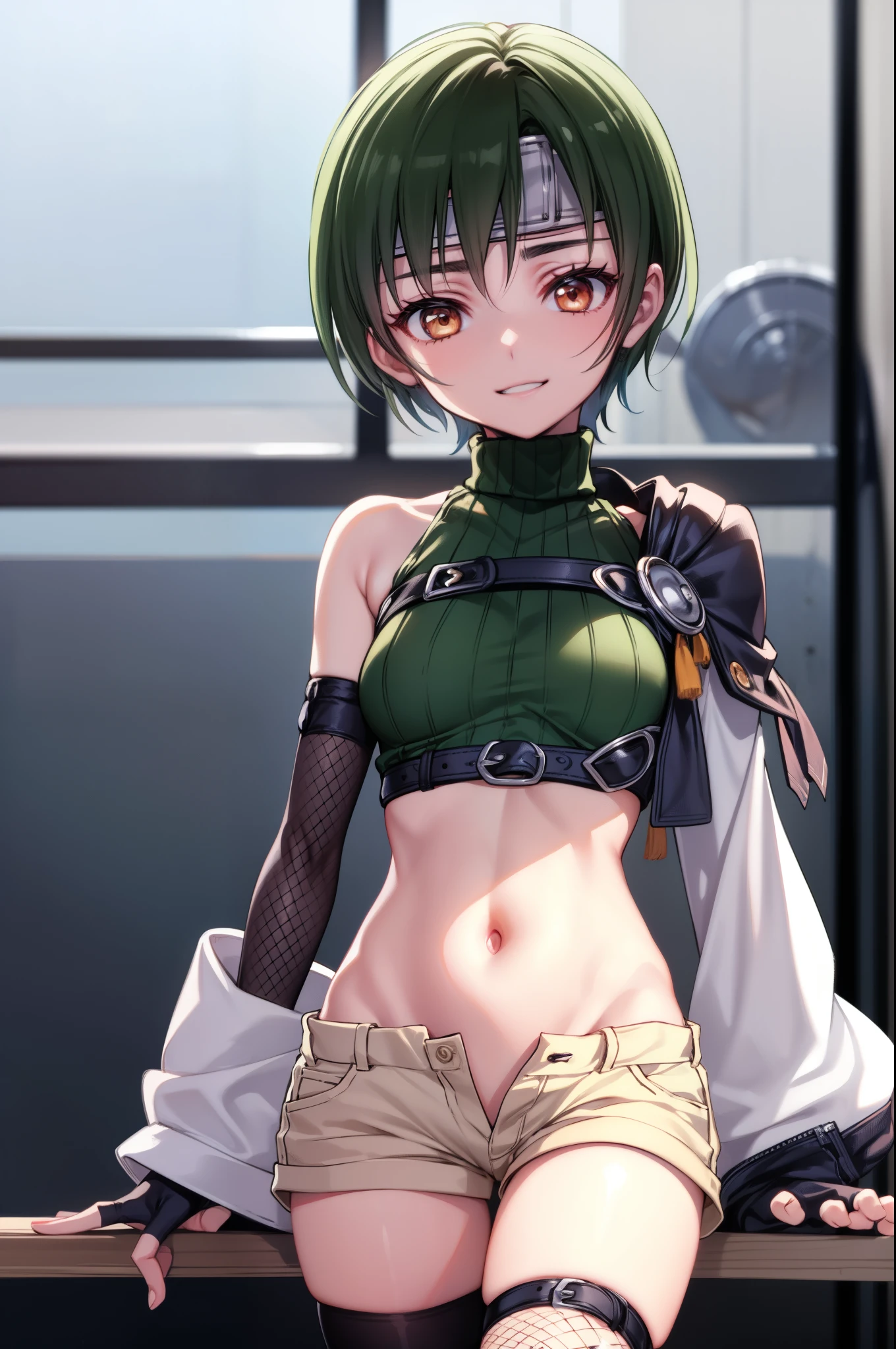 yuffiekisaragi, Yuffie Kisaragi,Haircuts, pixie cut,
壊す crop top, fingerless gloves, fishnet Thighhighs, fishnet, forehead protector, gloves, head band, belly button, short shorts, shorts, single sleeve, single thigh high, No sleeve, No sleeve turtleneck, Thighhighs, turtleneck,
bench、blue sky、smile, solo