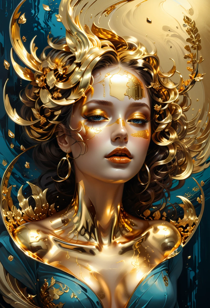 Woman with shiny translucent fractal skin, whole body, Large Breasts,Swirling organic pattern, Energetic, Ultra HD, Bright colors, perfect composition, Soft natural volumetric cinema lighting, Amazing shadows, Black silhouette, Volumetric Light, (Movie Posters),,A surreal dead girl with liquid gold eyes,insect