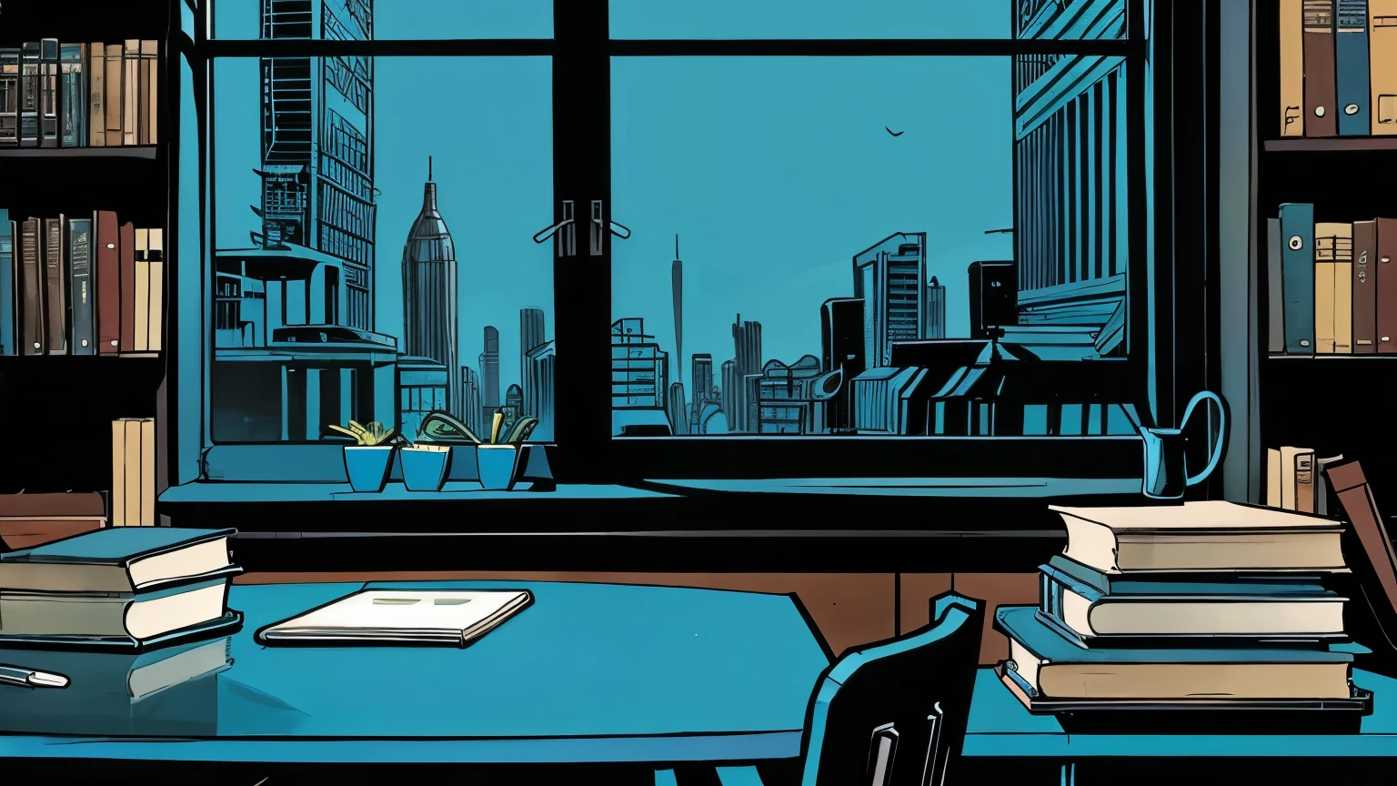 lots of books on the table, comic style, side view, blue theme