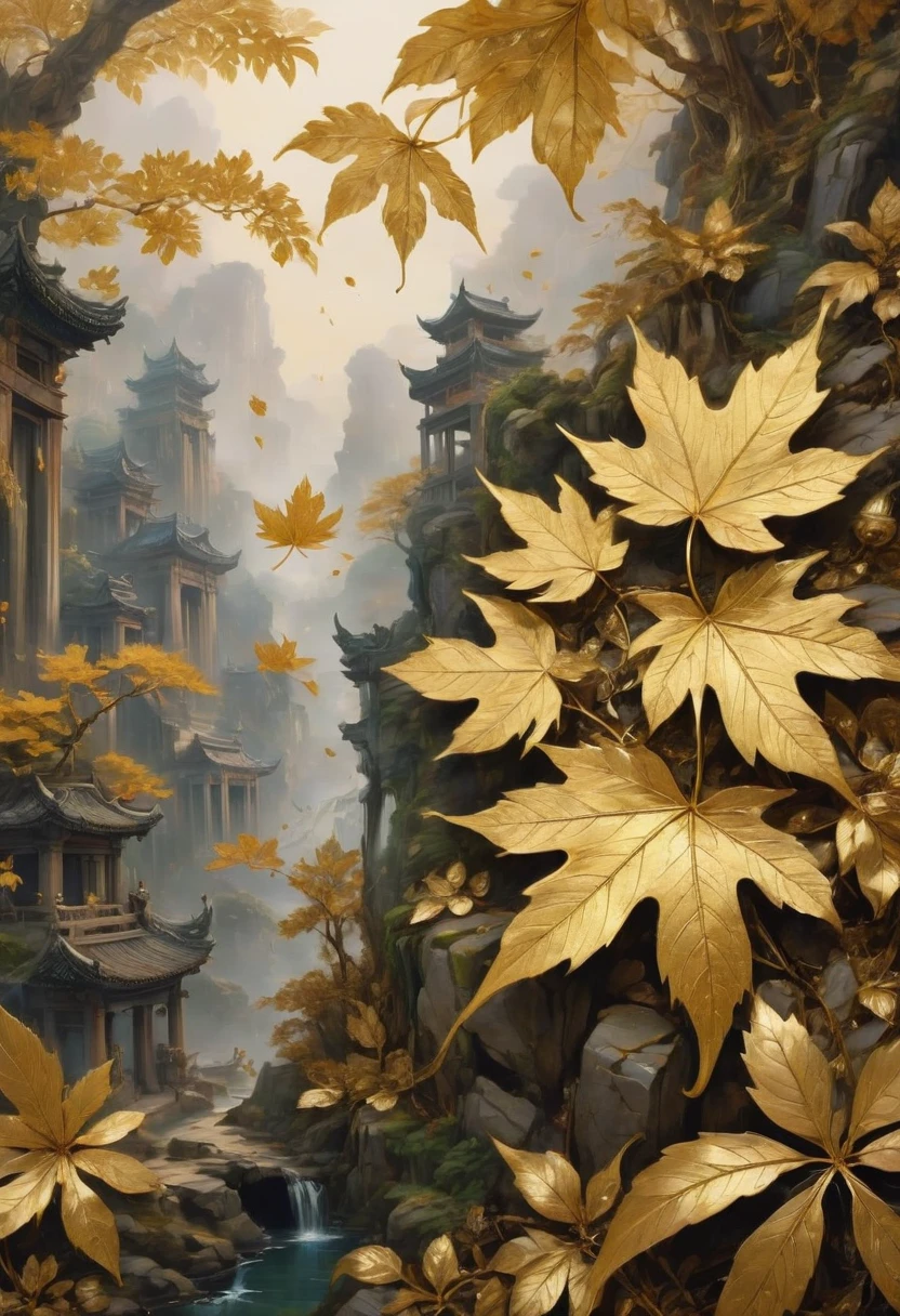 Gold Leaf Art, by Alan_Lee, best quality, masterpiece, very aesthetic, perfect composition, intricate details, ultra-detailed