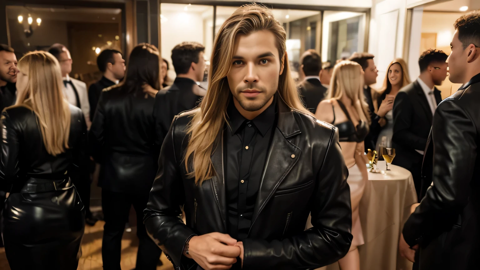 An attractive man in a black leather suit and long blonde hair at a party